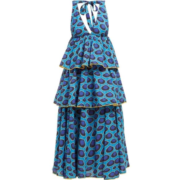 RHODE Dresses & Skirts - Rhode Leela Tiered Abstract Print Cotton Midi Dress in Blue Ikat Size Medium